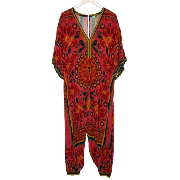 Farm Rio Jumpsuit L Womens Boho Drop Crotch Bold Floral Hippie Yoga Relaxed